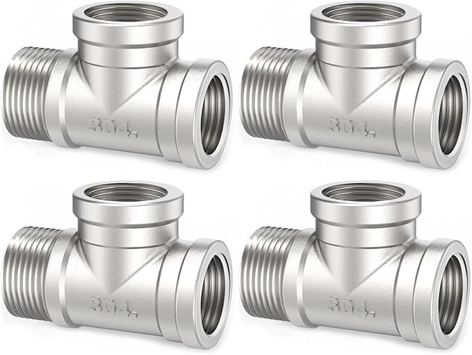 ChillWaves 304 Stainless Steel Pipe Fitting, Male Run Tee 1/2" NPT Female x 1/2" NPT Female x 1/2" NPT Male Thread Adapter(4-PACK)