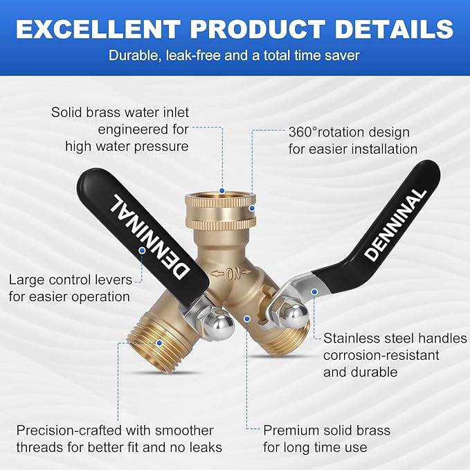 Garden Hose Splitter, Brass Hose Splitter 2 Way Heavy Duty, Leakproof Water Spigot Splitter with Stainless Steel Long Handle, Durable All-Metal Y Adapter with Shut-Off Valve, 3/4 GHT Splitter
