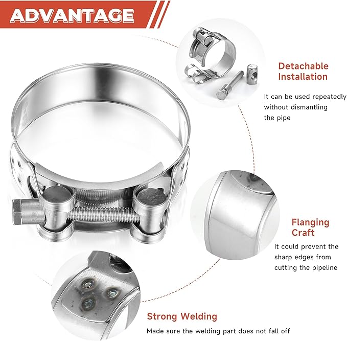 AKIHISA T-Bolt Hose Clamp,52-55mm OD Range 304 Stainless Steel Pipe Strap Clamp, Adjustable Heavy Duty Tube Clamp (4Pack, 2.05" to 2.17")
