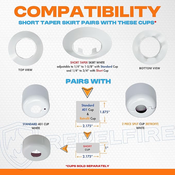 Fire Sprinkler Escutcheon Skirt, Short TAPER Escutcheon Pendant Skirt White, Works with Standard 401 Style Cup, Short Cup, and Retrofit 2 Piece Cup, Fire Sprinkler Skirt