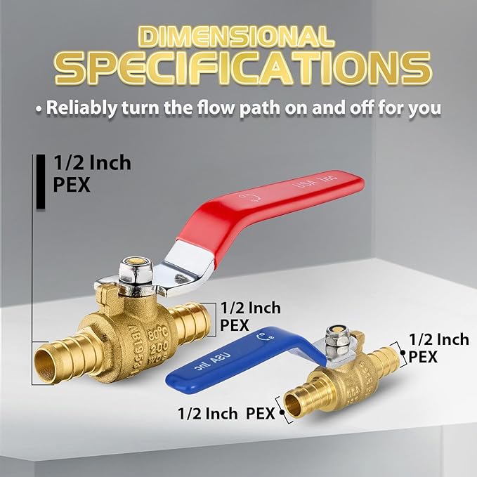 20-Pack Foskan 1/2" PEX Crimp Ball Valve, Brass Quarter Turn Full Port Shut-off Valve for PEX Tubing(Blue and Red)