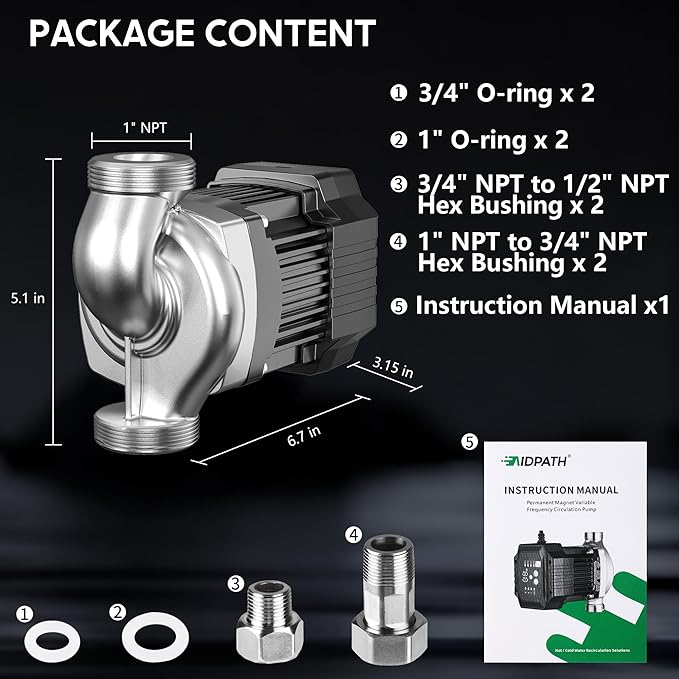 8.4 GPM 1/32 HP Smart Hot Water Circulation/Recirculating Pump with Constant & Variable Speed Operation for Hydronic Heating/Domestic Hot Water Recirculation System, Fits 1" 3/4" 1/2"NPT Pipe