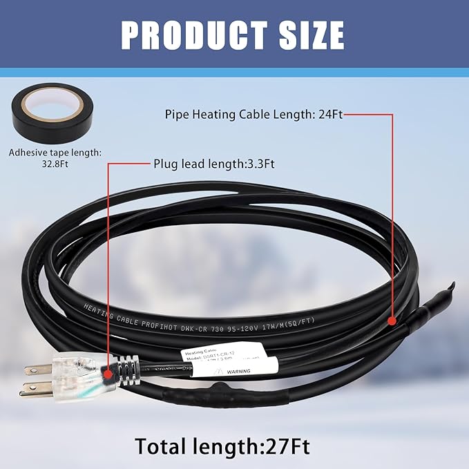 24FT Self-Regulating Pipe Heating Cable with Thermostat,Heat Tape for Water Pipe Freeze Protection,Pipes Heating Trace System for Home Supply Pipes,120V 5W/FT