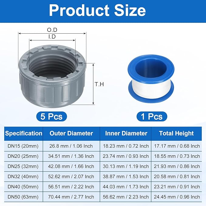 uxcell 5Pcs 1 Inch PT Female Thread PVC Pipe Fitting Cap, Cleanout Water Drain End Caps, Pipe Plug Socket Fittings with Tape for Water Heater Supply Lines, Plumbing, Gray
