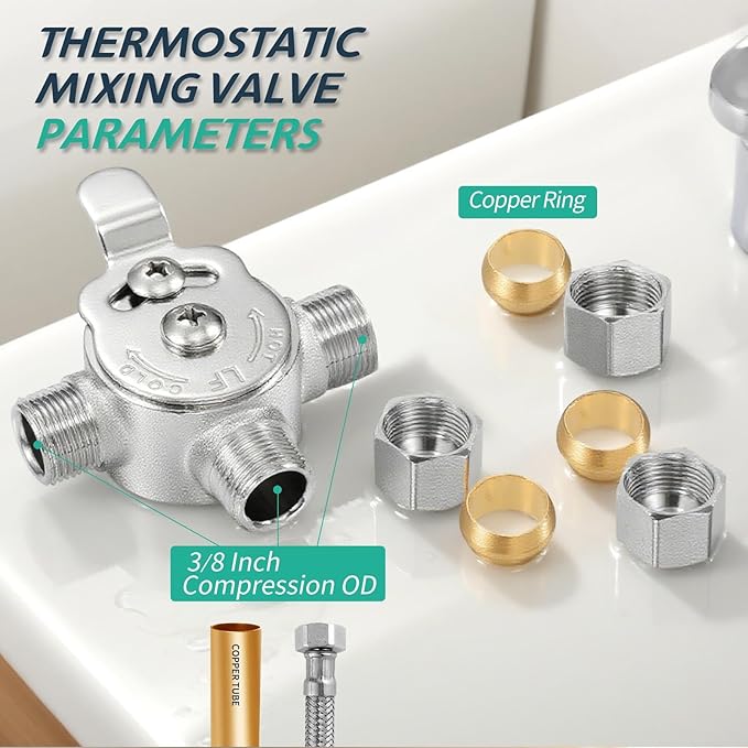 4 PCS Below Deck Mixing Valve,3/8" Compression LF Brass Body,Thermostatic mixing valve for hot and cold water,Compression Sleeve and Nuts Included.