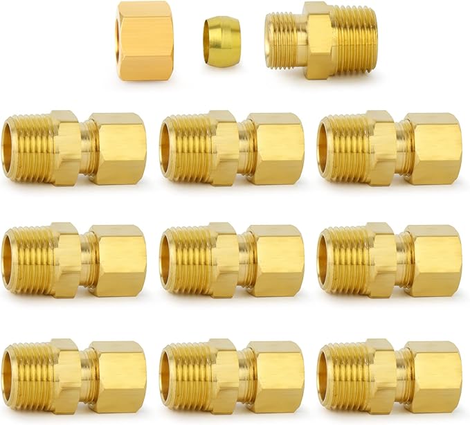 ChillWaves Brass Compression Tube Fitting, 3/8" OD x 3/8" NPT Male Compression Union Connector(10-PACK)