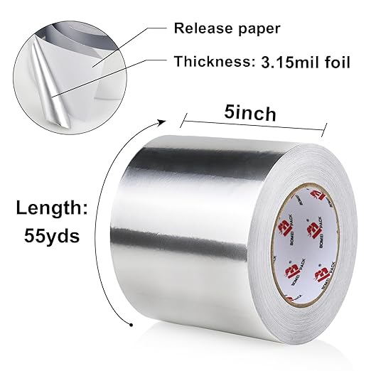 BOMEI PACK Aluminum Foil Tape,Heavy Duty Metal Duct Tape,High Temperature Silver Tape,Perfect for Sealing & Patching,HVAC,Air Ducts,Insulation and Metal Repair (5 Inch x 55 Yards)