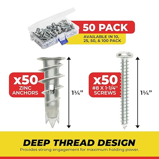 Qualihome Zinc Self Drilling Drywall Anchor Hollow Wall Anchor Kit with Screws - Metal Self Drilling Drywall Anchors with Wide Screw Fins - #8 Zinc Drywall Anchors Heavy Duty - 50 Pack - 75 Lbs