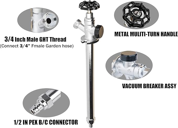 WHK 8 Inch Frost Proof Anti-Siphon Sillcock 1/2 Inch PEX B X 3/4 Inch Hose Bibb, Brass Finish