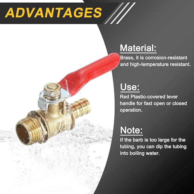 uxcell 4Pcs Brass Water Mini Ball Valve Shut Off Switch, G1/2" Male x 5/16" Hose Barb, 180 Degree Operation Handle, Brass Valve