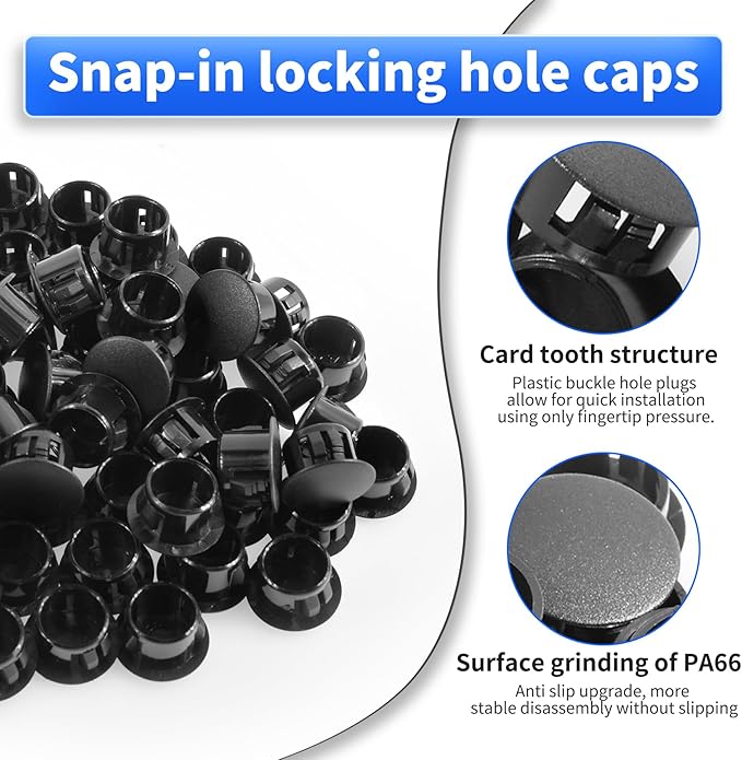 100 Pcs OD 0.5"(12.7mm) Black Hole Knockout Locking Plugs,Plastic Nylon Round Drilling Hole Plugs,Flush Type Panel Round Snap in Fastener,Tube Fastener Cover for Furniture Insert End Caps