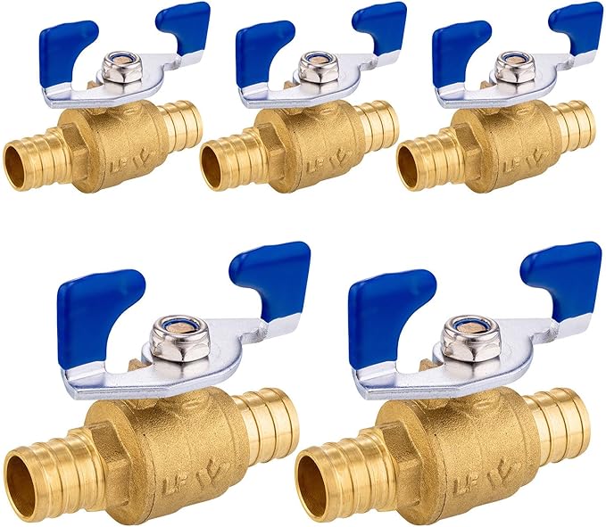 5PCS Foskan 3/4" PEX Crimp Ball Valve, Brass Full Port Shut-off Valve with Blue Butterfly Handle for Portable Water Poject
