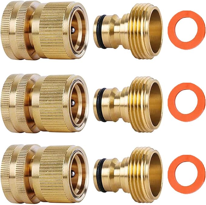 Garden Hose Quick Connectors, Solid Brass 3/4 inch GHT Thread Easy Connect Fittings No-Leak Water Hose Male Female Value Pack (3)