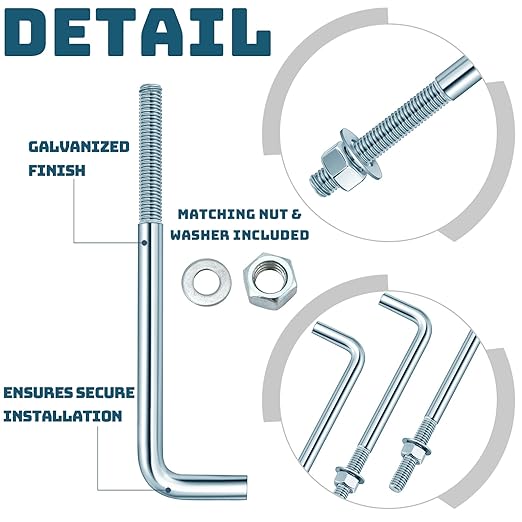 10 Pcs J Bolt Galvanized Anchor Bolts Galvanized Concrete Fastener Concrete Cement Post Anchor with Nuts and Washers for Foundation Wall Hardware Brick Projects, Gray(5/8-11 x 10)
