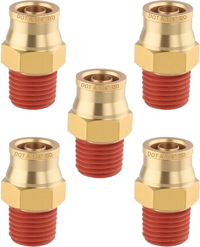 5PCS Quick Push to Connect Fittings, Brass Union Straight DOT Approved 1/4" Tube OD x 1/4" NPT Thread Air Line Adapter for Truck Trailers and Air Brake System