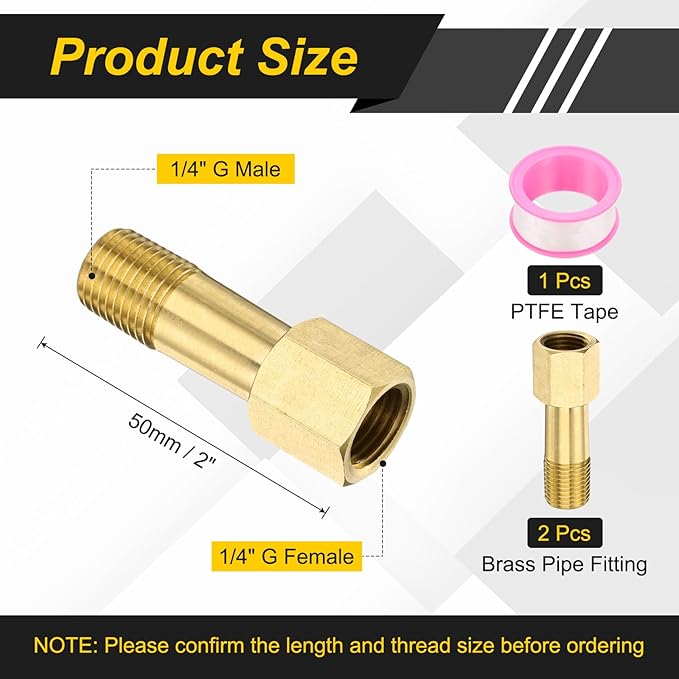 PATIKIL 2 Pack 1/4" g Male x 1/4" g Female Brass Pipe Fittings, Nipple Brass Fitting Extension Pipe Fittings Adapter Connection with Tape 2 Inch / 50mm Length