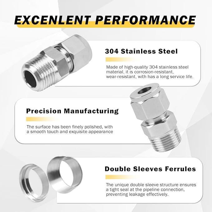 Yoebor Stainless Steel 304 Compression Tube Fitting Straight Adapter Connector with Double Ferrules 1" OD x 3/4" NPT Male,Pack of 2