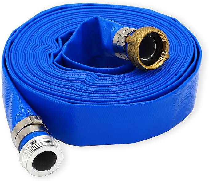 DAVCO 1-1/2” ID x 100ft PVC Lay Flat Discharge Hose with Aluminum Pin Lug Fittings, Heavy Duty Reinforced Blue Backwash Pump Hoses for Swimming Drain Pools and Clean Filters