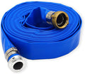 DAVCO 1-1/2” ID x 100ft PVC Lay Flat Discharge Hose with Aluminum Pin Lug Fittings, Heavy Duty Reinforced Blue Backwash Pump Hoses for Swimming Drain Pools and Clean Filters