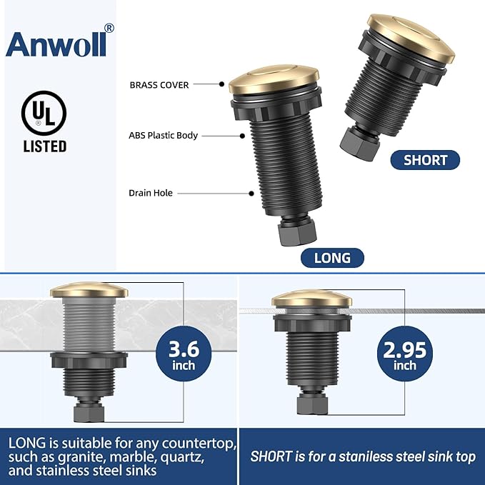 Garbage Disposal Air Switch Kit -Professional, Dual Outlet Sink Top Waste Disposer On/Off, Air Switch Button, UL Listed, Long/3.6“, Champagne Bronze
