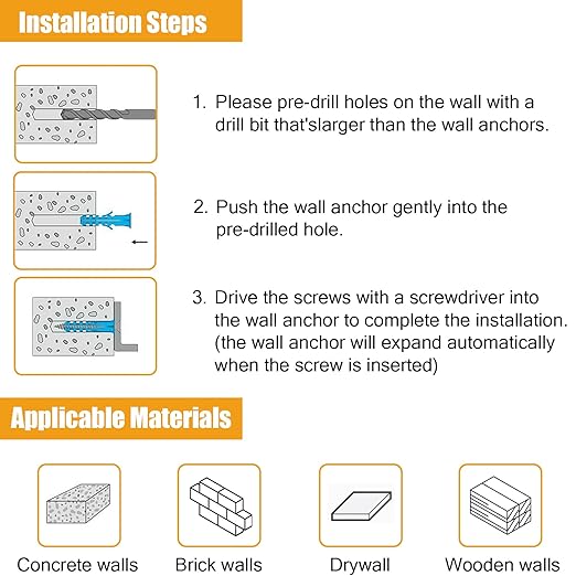 KURUI Wall Anchors Kit for Hanging Wall Art Decor/Picture Frame, Replace Picture Hanging Nails with Dry Wall Anchors, 270Pcs Picture Hangers and Screws Assortment Kit for Drywall Concrete Brick