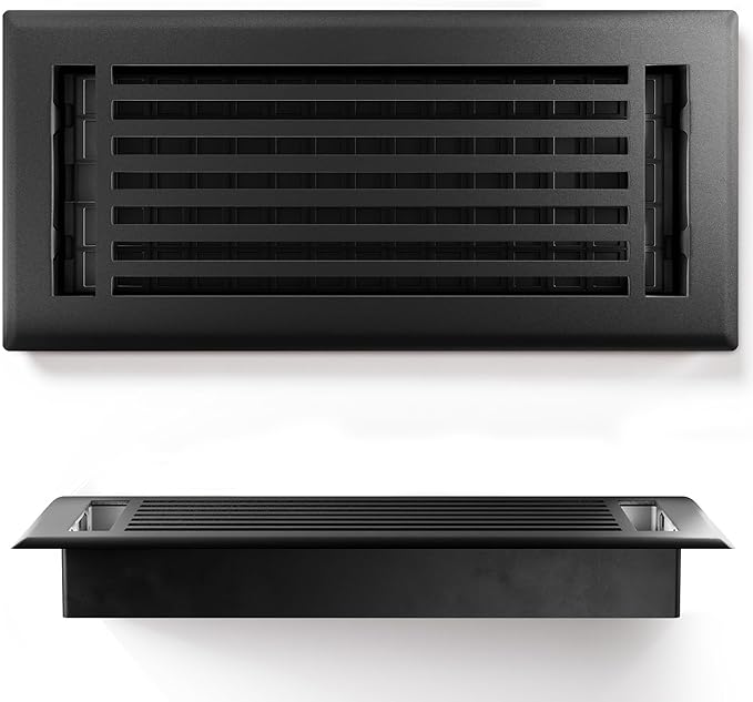 Floor Register 4x10 Vent Cover – 2 Pack – Heavy-Duty Steel, Rustproof & Walkable Grates, Drop-in Install, Adjustable Air Supply Switch - Decorative Straight Line Design, Textured Black