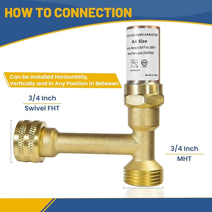 Water Hammer Arrestor,3/4 Inch Swivel FHT x 3/4 Inch MHT Tee Stainless Steel Water Arrestor for Washing Machine Connection(5PACK, Tee Copper Arrestor)(HAMMER014-5Pack)