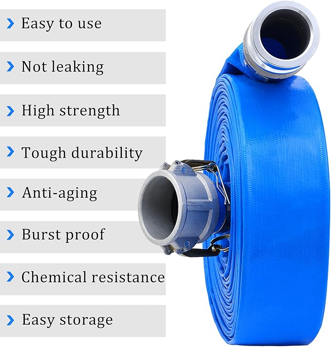 1 inch x 50ft PVC Lay Flat Discharge Hose With Aluminum Camlock C & E Fittings, Cam Lock Fitting, Heavy Duty Reinforced Pump Backwash Hose Assembly