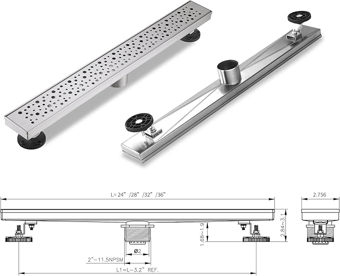 Linear Shower Drain 24 Inch, Bubbles Shower Drain SUS-304 Stainless Steel, 51L/Min Fast Drainage Floor Linear Drain, US Standard CUPC Certified, Brushed Silver, SD-099