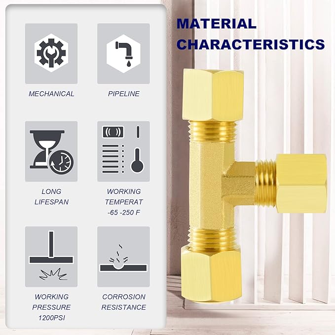 ChillWaves Brass Tee Compression Tube Fitting, 1/4" OD x 1/4" OD x 1/4" OD Compression Union Connector(5-PACK)