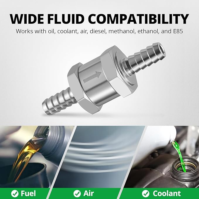 EVIL ENERGY 1/4'' (6mm) Check Valve, 3 Pcs Aluminum One Way Fuel Check Valve for Gasoline, Diesel & Coolant with Universal Hose Clamps, Silver