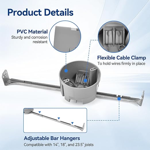 Round Electrical Box with Hanger Bar, 14"/18"/23.5" Adjustable, PVC Ceiling Box for Lights, 20 CU.in, UL Listed, 24 Pack