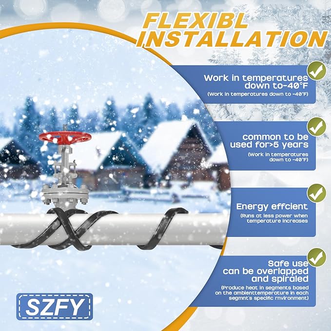 3FT~200FT Heat Tape for Water Pipes, -40°F Deicing Cable,Pipe Heat Cables for Roof,Gutter，Farm，Freeze Protetion Heating Wires, Heated Water Hose,Plumbing Fixtures,120V 5W/FT (6FT)