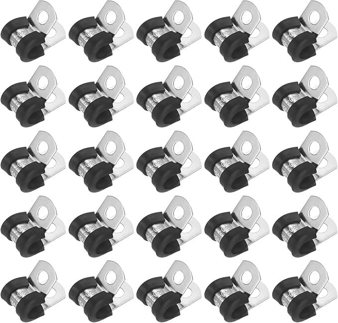 25-Pack Cable Clamps, 15/64 Inch/ 6 mm 304 Stainless Steel Rubber Cushioned Insulated Cable Clamp R Shape Metal Holder for Tube/Wire/Pipe/Loop Installation