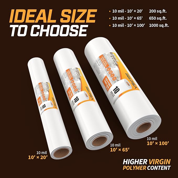 Crawl Space Vapor Barrier, 10mil Film, 10'x25', White Plastic Sheeting - Thick Plastic Sheeting, Heavy Duty Polyethylene Film, Drop Cloth Vapor Barrier Covering for Crawl Space, Garden, Basement