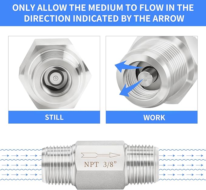 ChillWaves 304 Stainless Steel In-Line Siamese Check Valve 3/8" NPT Male Thread, One-Way Non-return Check Valve，Prevent Water Back-flow(1-PACK)