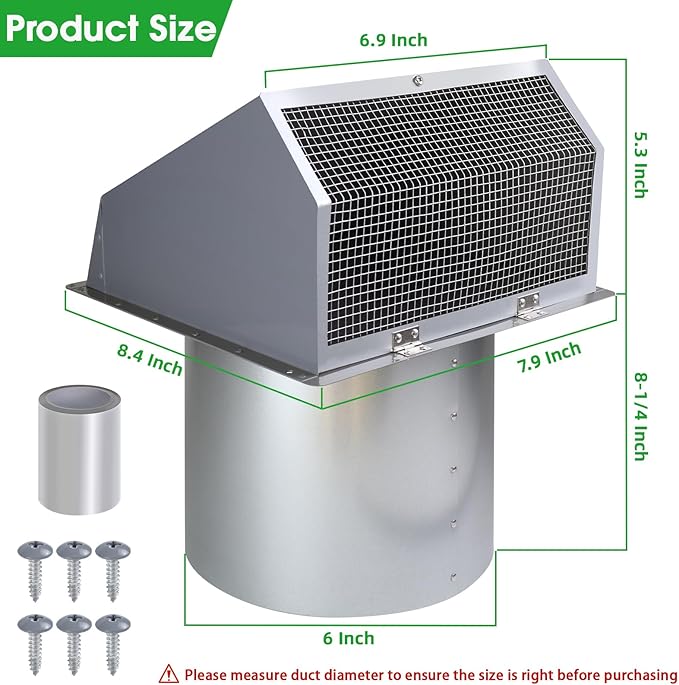 6 Inch Hooded Wall Vent with Screen and Damper,6 Inch Exhaust Vent Cover Cap for Outdoor Kitchen Range Hood Dryer Ventilation,Outside Wall Mount Extractor for House Air Exhaust,Galvanized Steel,Gray
