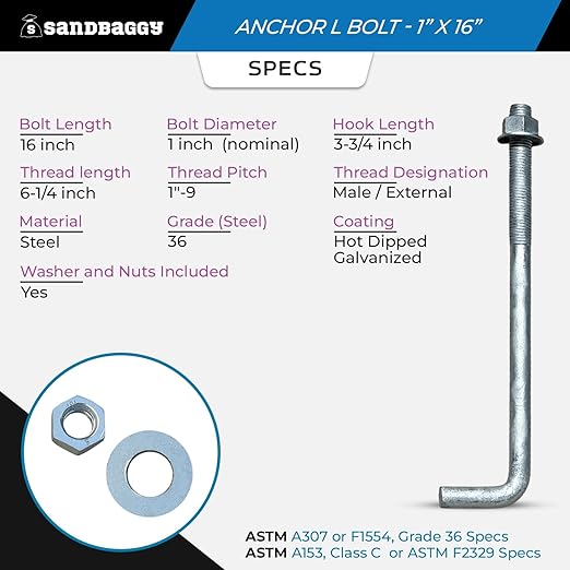 Sandbaggy 1" x 16" Threaded Concrete Anchor L-Bolts (Nuts & Washers Included) - Hot Dipped Galvanized - Sill Plate, Base Plate, Masonry, Wood, Cement Anchors, J Bolt (30, 1" x 16")