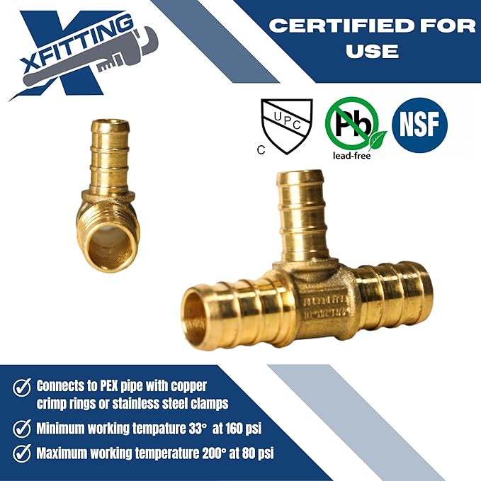 XFITTING 1/2 inch x 1/2 inch x 3/8 inch Pex Tee, Pex B Reducing Tee Crimp Version 25-5-1=25X, 25 Pieces