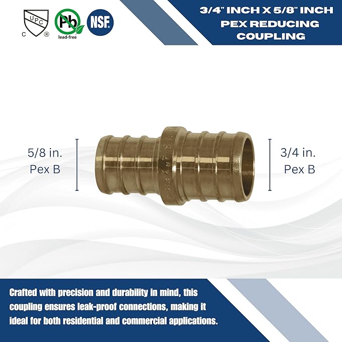 XFITTING 5 Pcs PEX Coupling, 3/4 Inch x 5/8 Inch, Brass, Coupling, 0.75" x 0.625" (Inner Diameter)