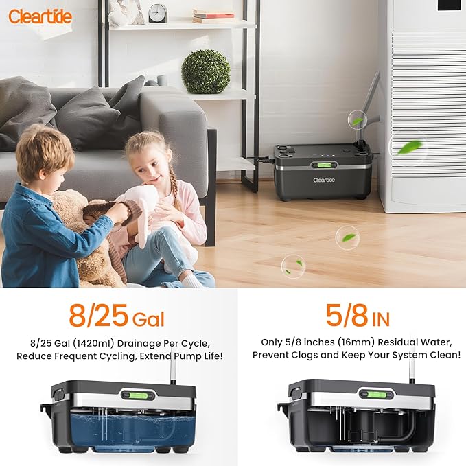 Cleartide Condensate HVAC Pump, Ultra-Quiet 25dB, 1/50 HP 110 GPH, 100-240V, Automatic Condensate Removal Pump with Safety Switch and Tubing for Air Conditioner/Furnace/Dehumidifier/Ice Machine