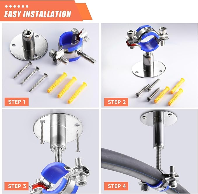 6PCS 304 Stainless Steel Wall Mount Ceiling Mount Pipe Supports,Suitable for OD Pipe 32-34mm,Adjustable Height 30-50mm,Adjustable Pipe Strap Clamp with Screws