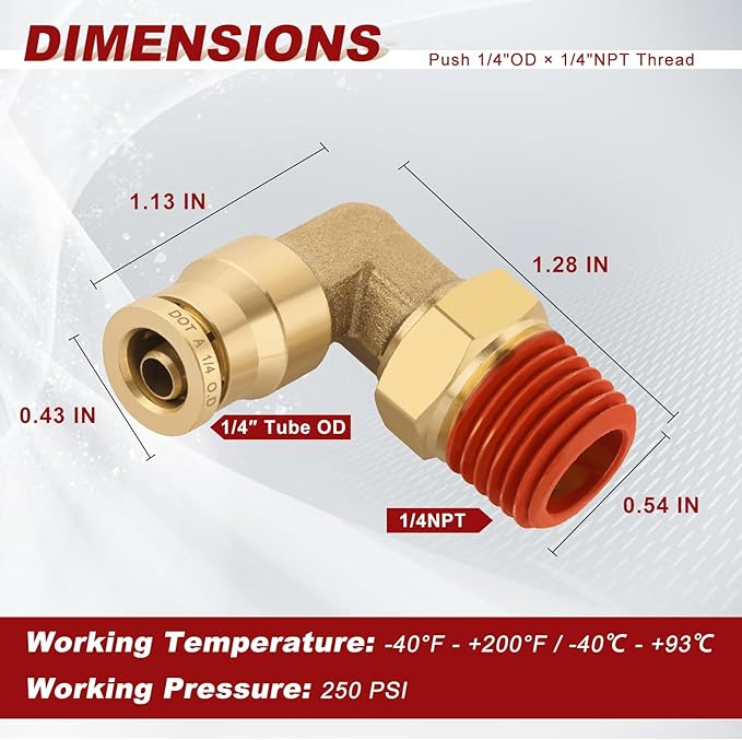 1/4" Quick Push to Connect Fittings Brass 90 Degree Union Swivel Elbow Joint DOT Approved 1/4" Tube OD x 1/4" NPT Thread Air Brake Line Adapter Air Suspension Kit for Car Truck Trailers 5pcs