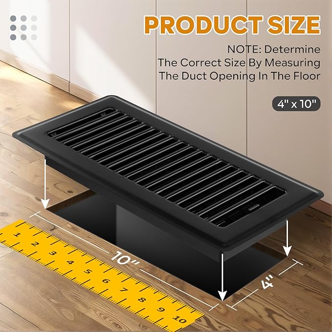 4x10 Floor Register, 2 Pack Heavy Duty Steel Walkable Floor Vent Covers, Easy Adjust Air Supply Lever, Vent Covers for Home Floor, Black
