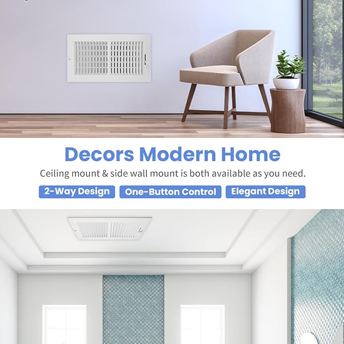 12 x 6 Inch [Duct Opening] Air Vent Covers for Wall or Ceiling - High Airflow 2 Way Steel Ventilation - Adjustable Wall/Ceiling Register, 13-3/4 Inch x 7-3/4 Inch [Overall Dimensions]