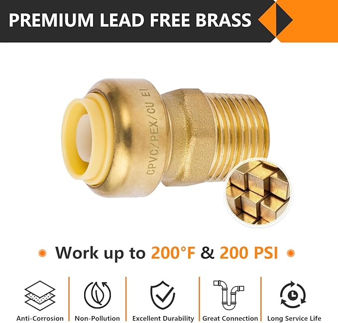 HeSun 50-Pack Pushfit Male Adapter, 3/4" MNPT x 3/4" Push to Connect Plumbing Fittings with Disconnect Clip, Brass Push-fit Fittings for PEX, Copper, CPVC, PE-RT Pipes