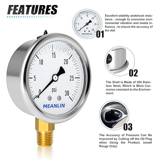 MEANLIN MEASURE 0~30Psi Stainless Steel 1/4" NPT 2.5" Single Scale FACE DIAL,Glycerin Filled Pressure Gauge, WOG Water Oil Air Lower Mount, with 1/4" x 1/2" NPT and 1/4" x 3/8" NPT Hex Bushing
