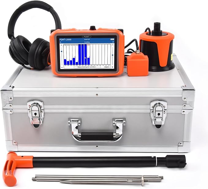 PQWT L3000 Underground Water Leak Detectors Indoor Outdoor Wall Water Pipe Detector Machine Multi Sensor Acoustic Pipeline Leakage Detection Kit Noise Reduction Headphone Smart Touchscreen Carry Case