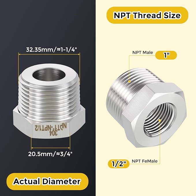 METALLIXITY 1PCS 1" Male NPT x 1/2" FeMale NPT Thread 304 Stainless Steel Hex Bushing Extension Tube Adapters Convert for Water Tub Spout/Shower