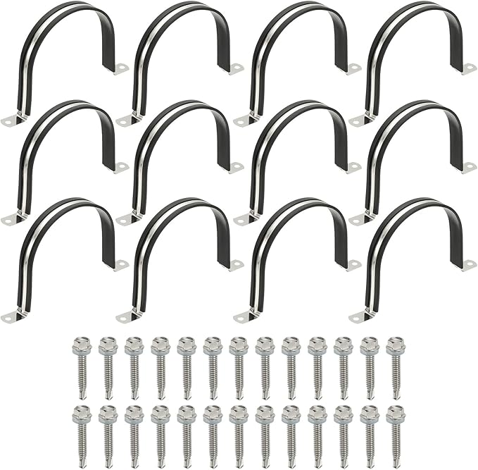 PATIKIL 12Pcs Pipe Clamps, 4-1/4 Inch 304 Stainless Steel Rubber Cushioned U Bracket Conduit Clamps Pipe Strap Wire Clips with Hexagonal Screw for Tube Hose Cord Installation, 108mm